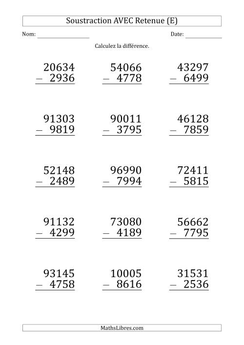 Soustraction d'un Nombres à 5 Chiffres par un Nombre à 4 Chiffres AVEC retenue (Gros Caractère) (E)