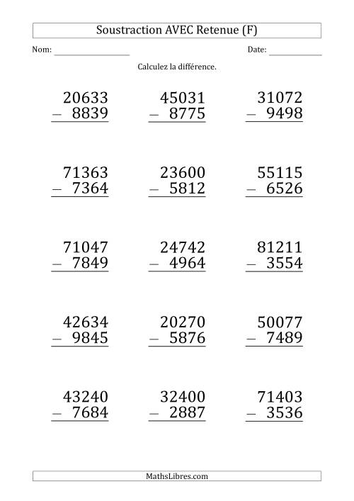 Soustraction d'un Nombres à 5 Chiffres par un Nombre à 4 Chiffres AVEC retenue (Gros Caractère) (F)