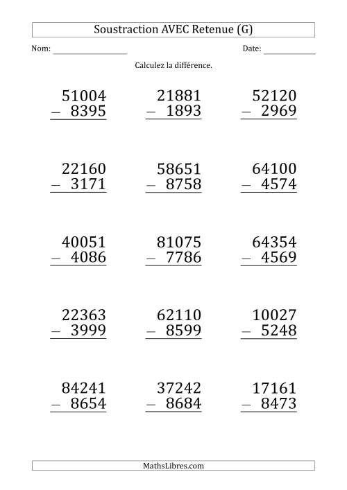 Soustraction d'un Nombres à 5 Chiffres par un Nombre à 4 Chiffres AVEC retenue (Gros Caractère) (G)