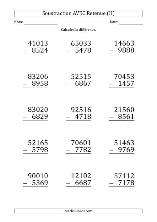 Soustraction d'un Nombres à 5 Chiffres par un Nombre à 4 Chiffres AVEC retenue (Gros Caractère) (H)