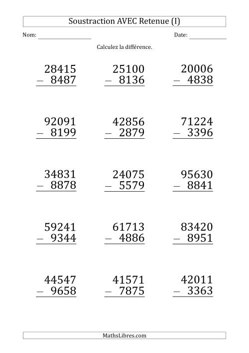 Soustraction d'un Nombres à 5 Chiffres par un Nombre à 4 Chiffres AVEC retenue (Gros Caractère) (I)