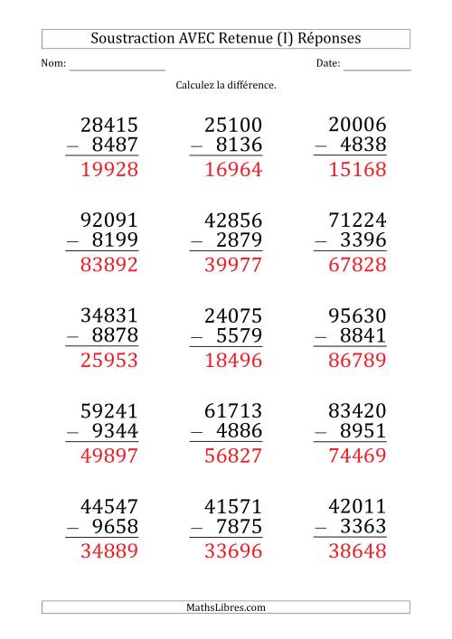 Soustraction d'un Nombres à 5 Chiffres par un Nombre à 4 Chiffres AVEC retenue (Gros Caractère) (I) page 2