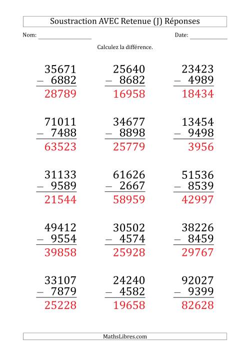 Soustraction d'un Nombres à 5 Chiffres par un Nombre à 4 Chiffres AVEC retenue (Gros Caractère) (J) page 2