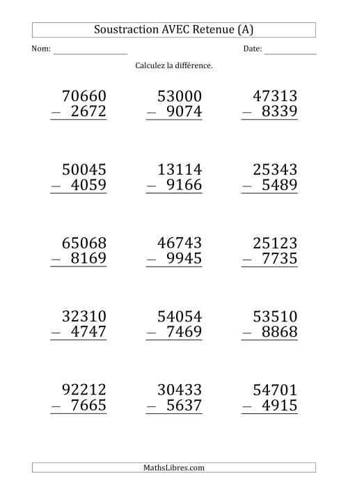 Soustraction d'un Nombres à 5 Chiffres par un Nombre à 4 Chiffres AVEC retenue (Gros Caractère) (Tout)