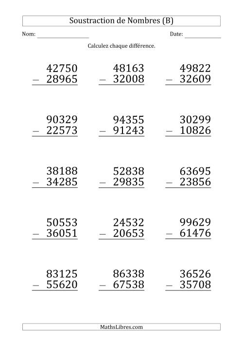 Soustraction d'un Nombre à 5 Chiffres par un Nombre à 5 Chiffres (Gros Caractère) (B)
