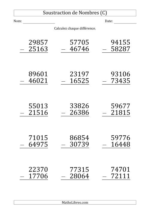 Soustraction d'un Nombre à 5 Chiffres par un Nombre à 5 Chiffres (Gros Caractère) (C)