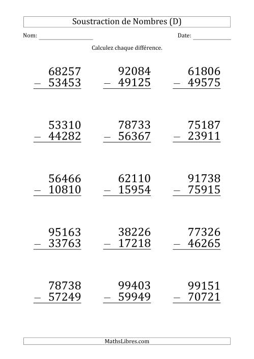 Soustraction d'un Nombre à 5 Chiffres par un Nombre à 5 Chiffres (Gros Caractère) (D)