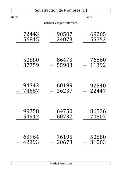 Soustraction d'un Nombre à 5 Chiffres par un Nombre à 5 Chiffres (Gros Caractère) (E)