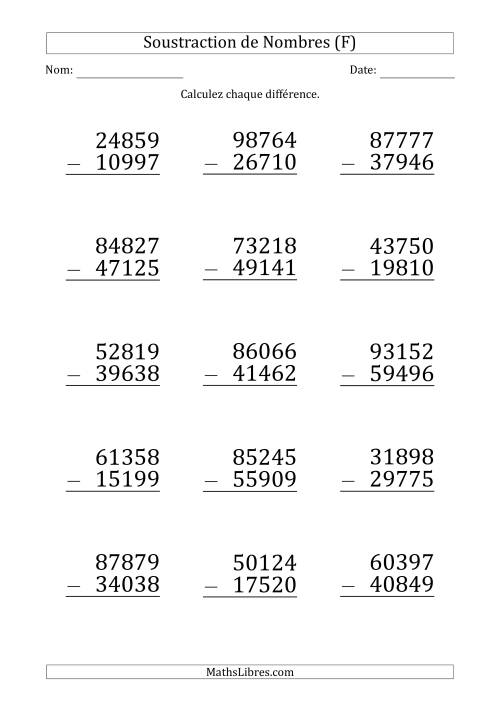 Soustraction d'un Nombre à 5 Chiffres par un Nombre à 5 Chiffres (Gros Caractère) (F)
