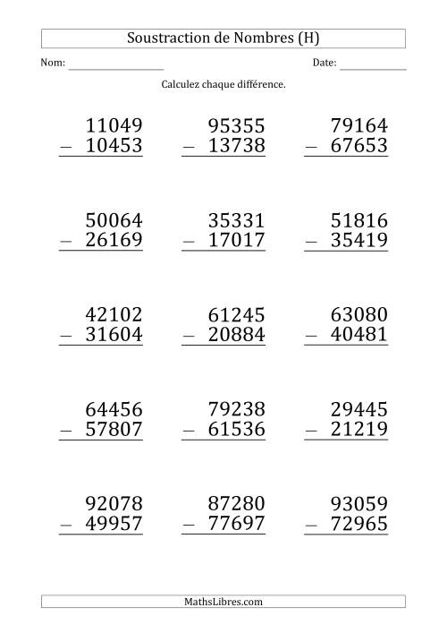 Soustraction d'un Nombre à 5 Chiffres par un Nombre à 5 Chiffres (Gros Caractère) (H)