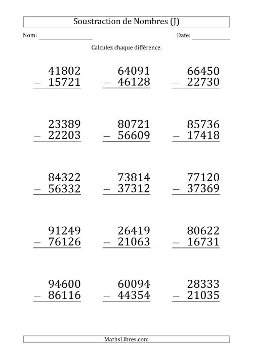 Soustraction d'un Nombre à 5 Chiffres par un Nombre à 5 Chiffres (Gros Caractère) (J)