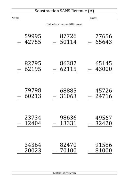 Soustraction d'un Nombre à 5 Chiffres par un Nombre à 5 Chiffres SANS retenue (Gros Caractère) (A)