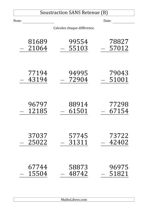 Soustraction d'un Nombre à 5 Chiffres par un Nombre à 5 Chiffres SANS retenue (Gros Caractère) (B)