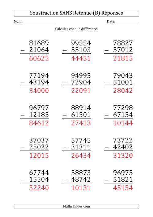 Soustraction d'un Nombre à 5 Chiffres par un Nombre à 5 Chiffres SANS retenue (Gros Caractère) (B) page 2
