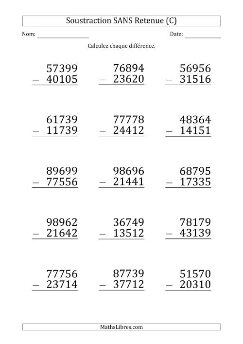 Soustraction d'un Nombre à 5 Chiffres par un Nombre à 5 Chiffres SANS retenue (Gros Caractère) (C)