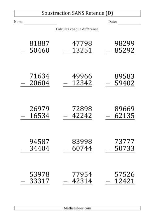 Soustraction d'un Nombre à 5 Chiffres par un Nombre à 5 Chiffres SANS retenue (Gros Caractère) (D)