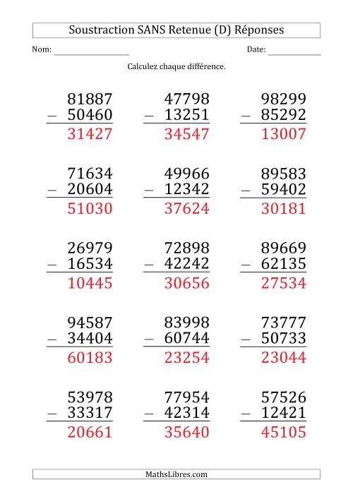 Soustraction d'un Nombre à 5 Chiffres par un Nombre à 5 Chiffres SANS retenue (Gros Caractère) (D) page 2