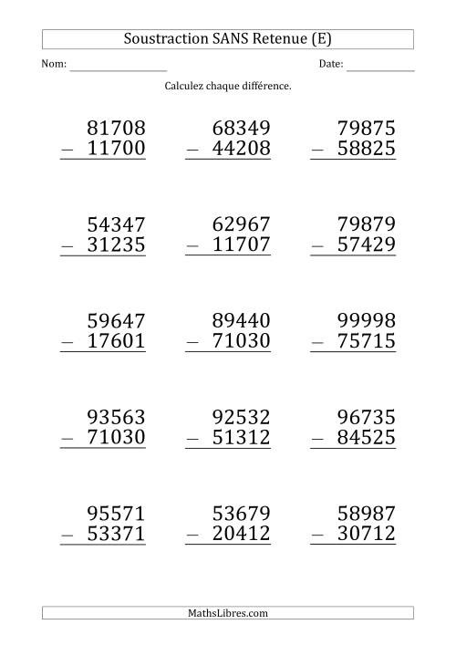 Soustraction d'un Nombre à 5 Chiffres par un Nombre à 5 Chiffres SANS retenue (Gros Caractère) (E)
