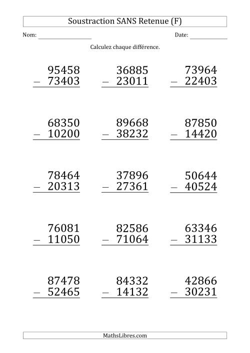 Soustraction d'un Nombre à 5 Chiffres par un Nombre à 5 Chiffres SANS retenue (Gros Caractère) (F)