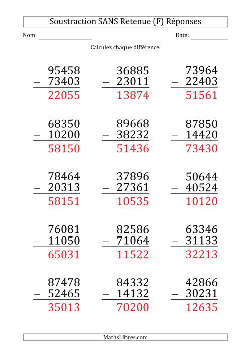 Soustraction d'un Nombre à 5 Chiffres par un Nombre à 5 Chiffres SANS retenue (Gros Caractère) (F) page 2