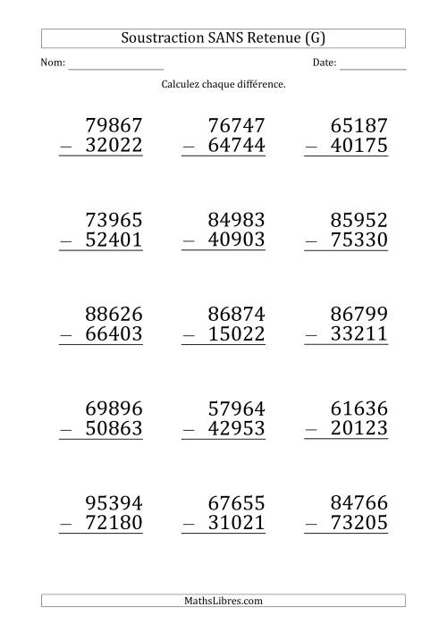 Soustraction d'un Nombre à 5 Chiffres par un Nombre à 5 Chiffres SANS retenue (Gros Caractère) (G)