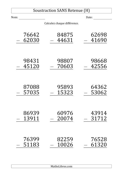 Soustraction d'un Nombre à 5 Chiffres par un Nombre à 5 Chiffres SANS retenue (Gros Caractère) (H)