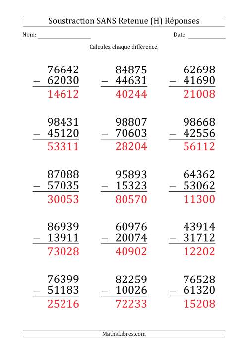 Soustraction d'un Nombre à 5 Chiffres par un Nombre à 5 Chiffres SANS retenue (Gros Caractère) (H) page 2