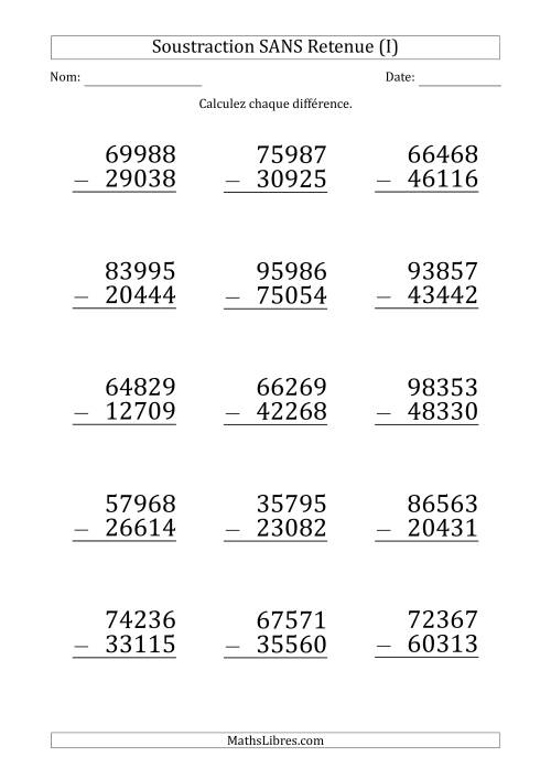 Soustraction d'un Nombre à 5 Chiffres par un Nombre à 5 Chiffres SANS retenue (Gros Caractère) (I)