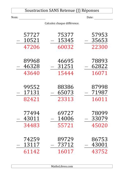 Soustraction d'un Nombre à 5 Chiffres par un Nombre à 5 Chiffres SANS retenue (Gros Caractère) (J) page 2