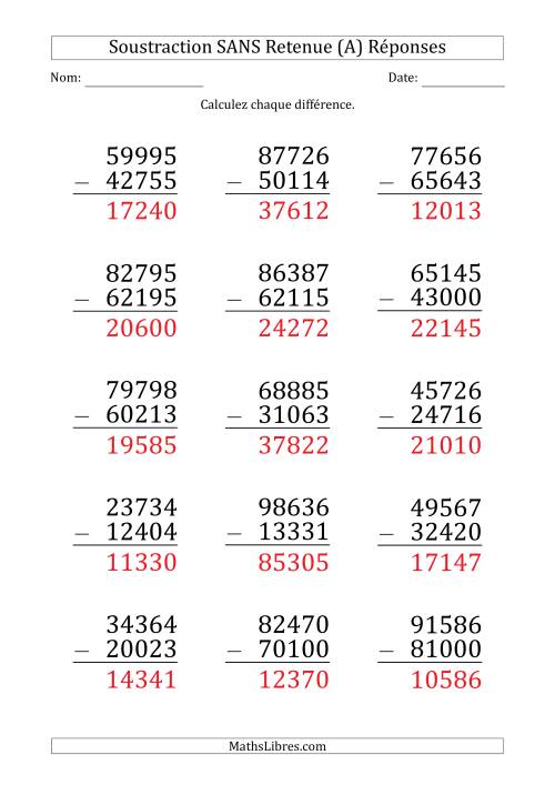 Soustraction d'un Nombre à 5 Chiffres par un Nombre à 5 Chiffres SANS retenue (Gros Caractère) (Tout) page 2