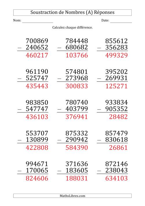 Soustraction d'un Nombre à 6 Chiffres par un Nombre à 6 Chiffres (Gros Caractère) (A) page 2