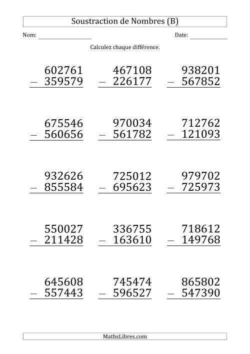 Soustraction d'un Nombre à 6 Chiffres par un Nombre à 6 Chiffres (Gros Caractère) (B)