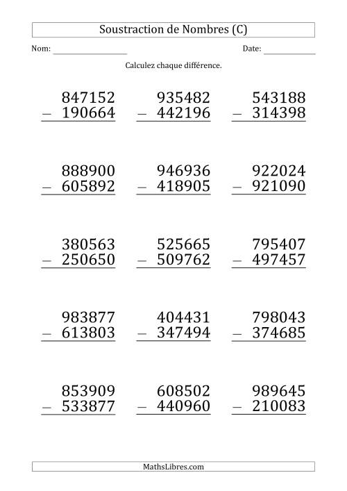 Soustraction d'un Nombre à 6 Chiffres par un Nombre à 6 Chiffres (Gros Caractère) (C)