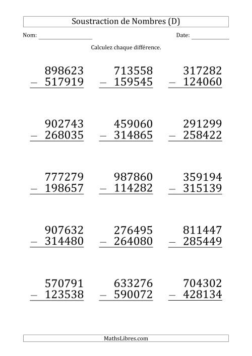 Soustraction d'un Nombre à 6 Chiffres par un Nombre à 6 Chiffres (Gros Caractère) (D)