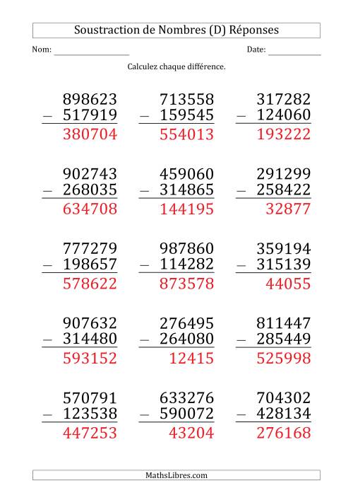 Soustraction d'un Nombre à 6 Chiffres par un Nombre à 6 Chiffres (Gros Caractère) (D) page 2