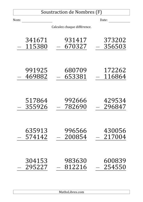 Soustraction d'un Nombre à 6 Chiffres par un Nombre à 6 Chiffres (Gros Caractère) (F)