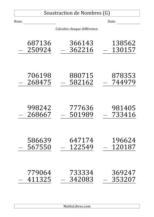 Soustraction d'un Nombre à 6 Chiffres par un Nombre à 6 Chiffres (Gros Caractère) (G)