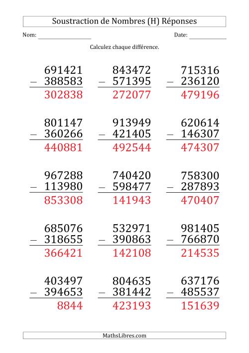 Soustraction d'un Nombre à 6 Chiffres par un Nombre à 6 Chiffres (Gros Caractère) (H) page 2