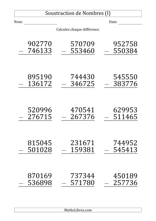 Soustraction d'un Nombre à 6 Chiffres par un Nombre à 6 Chiffres (Gros Caractère) (I)