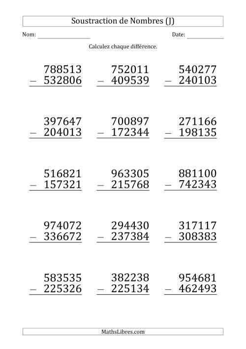 Soustraction d'un Nombre à 6 Chiffres par un Nombre à 6 Chiffres (Gros Caractère) (J)