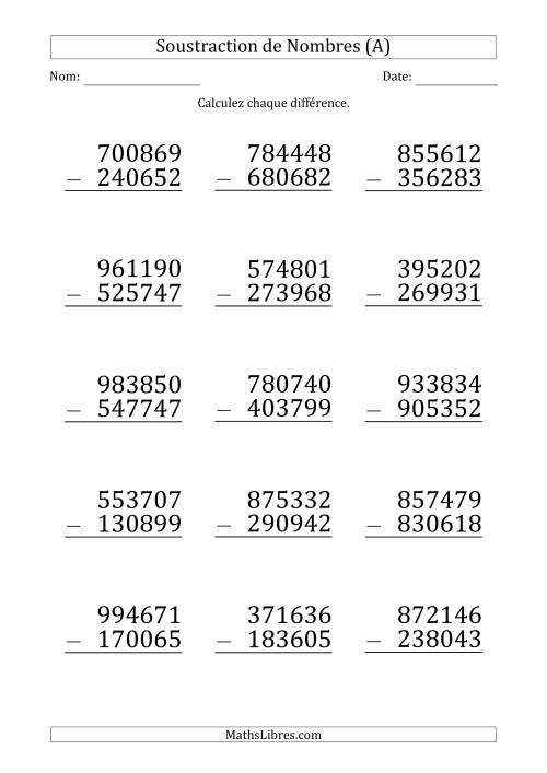 Soustraction d'un Nombre à 6 Chiffres par un Nombre à 6 Chiffres (Gros Caractère) (Tout)