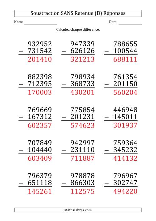 Soustraction d'un Nombre à 6 Chiffres par un Nombre à 6 Chiffres SANS retenue (Gros Caractère) (B) page 2