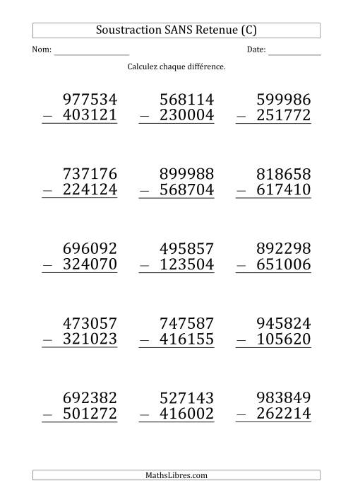 Soustraction d'un Nombre à 6 Chiffres par un Nombre à 6 Chiffres SANS retenue (Gros Caractère) (C)