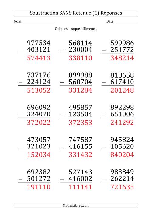 Soustraction d'un Nombre à 6 Chiffres par un Nombre à 6 Chiffres SANS retenue (Gros Caractère) (C) page 2