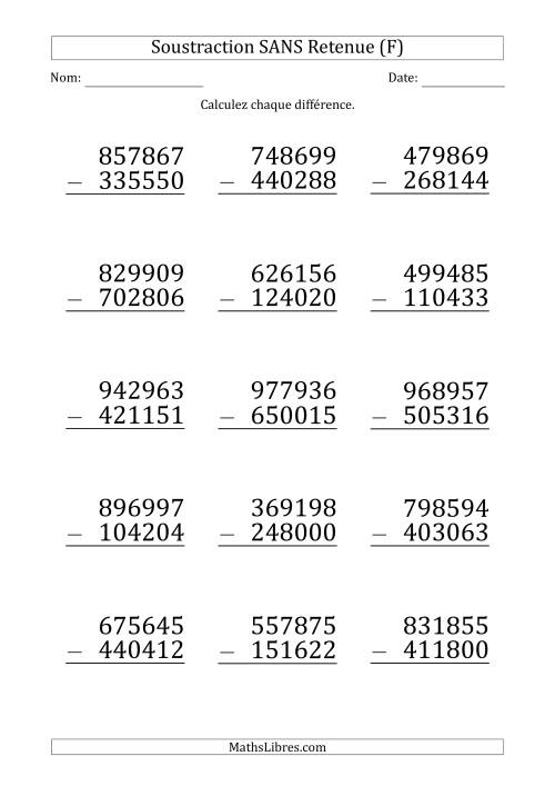 Soustraction d'un Nombre à 6 Chiffres par un Nombre à 6 Chiffres SANS retenue (Gros Caractère) (F)