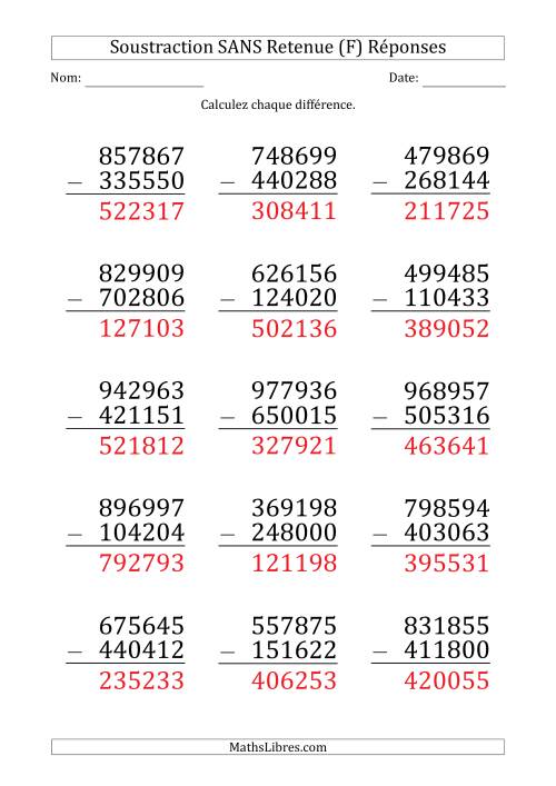 Soustraction d'un Nombre à 6 Chiffres par un Nombre à 6 Chiffres SANS retenue (Gros Caractère) (F) page 2