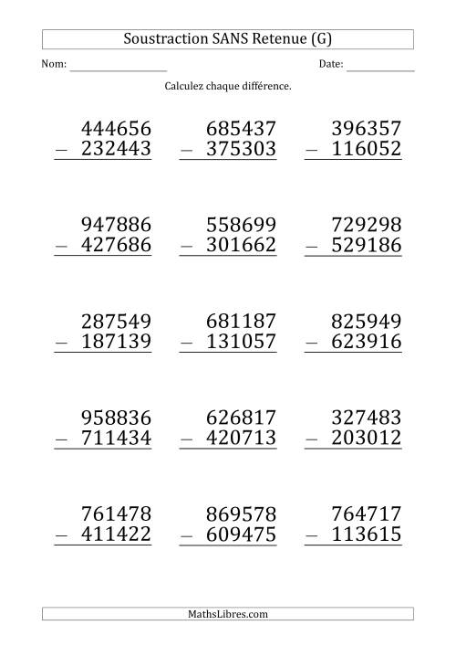 Soustraction d'un Nombre à 6 Chiffres par un Nombre à 6 Chiffres SANS retenue (Gros Caractère) (G)