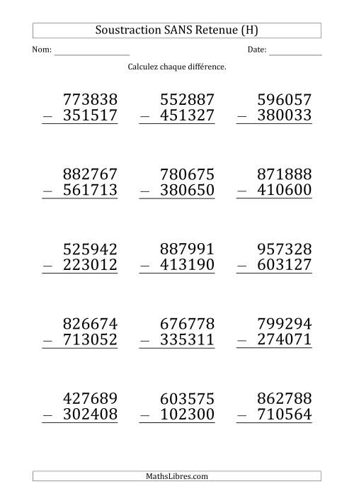 Soustraction d'un Nombre à 6 Chiffres par un Nombre à 6 Chiffres SANS retenue (Gros Caractère) (H)