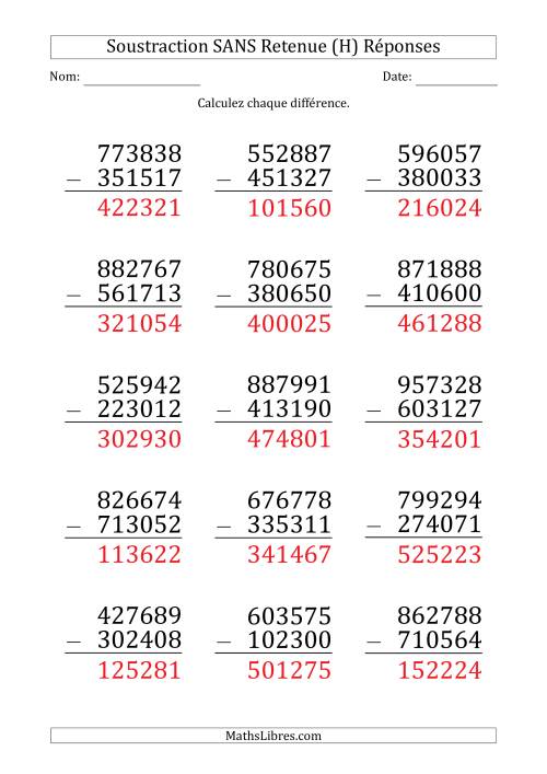 Soustraction d'un Nombre à 6 Chiffres par un Nombre à 6 Chiffres SANS retenue (Gros Caractère) (H) page 2