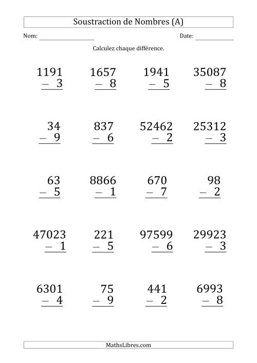 Soustraction de Divers Nombres par un Nombre à 1 Chiffre (Gros Caractère) (A)
